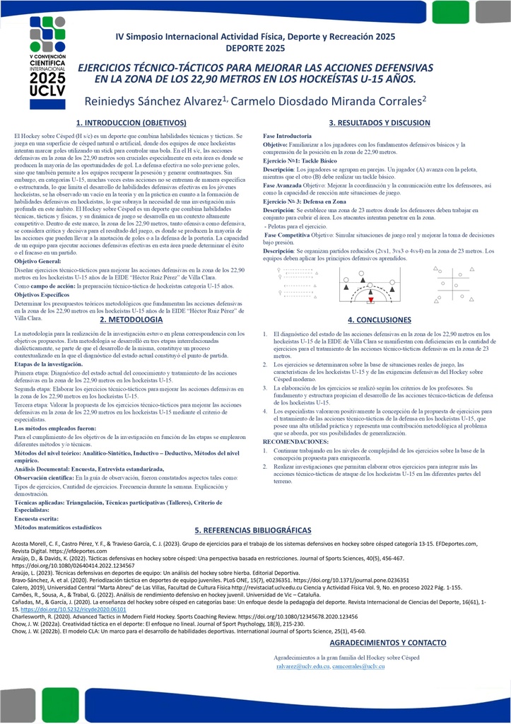 TECHNICAL-TACTICAL EXERCISES TO IMPROVE DEFENSIVE ACTIONS IN THE 22.90-METER ZONE FOR U-15 HOCKEY PLAYERS