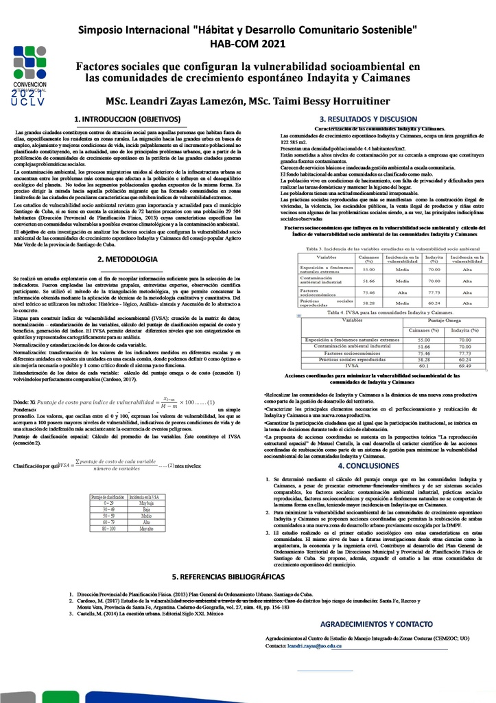 Factores sociales que configuran Vulnerabilidad socioambiental en las comunidades de crecimiento espontáneo Indayita y Caimanes de Santiago de Cuba.