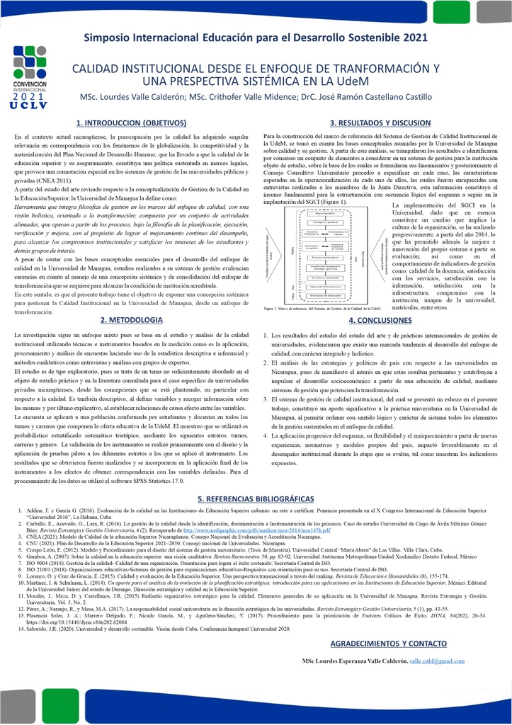 Institutional Quality from a transformation approach and a systemic perspective at the University of Managua.