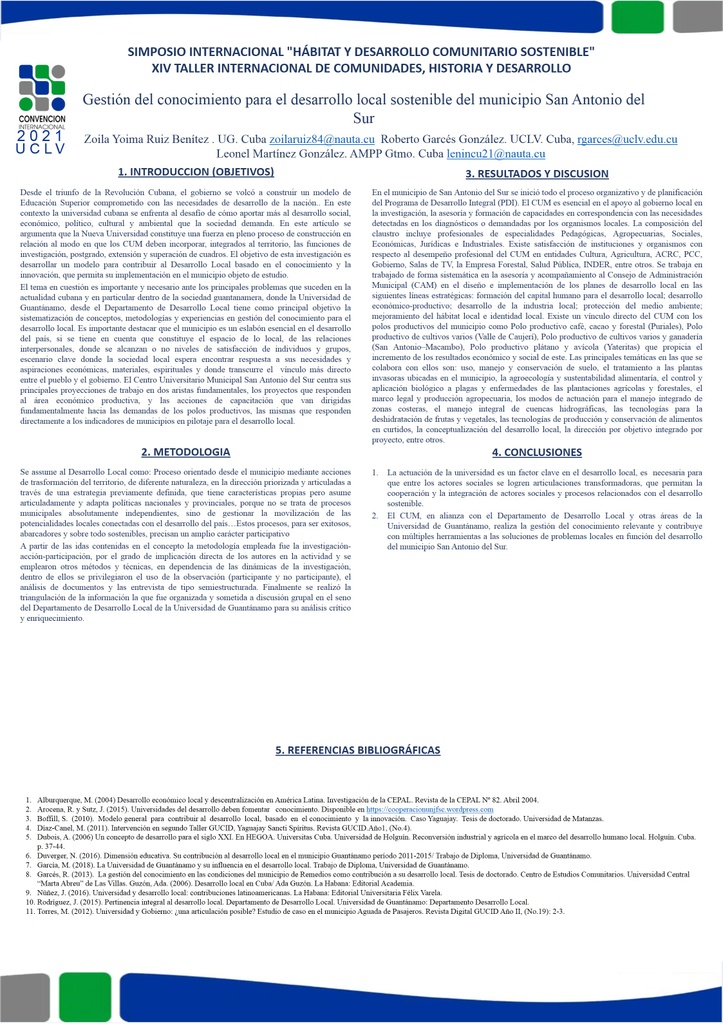 Gestion del conocimiento para el desarrollo local sostenible del municipio San Antonio del Sur