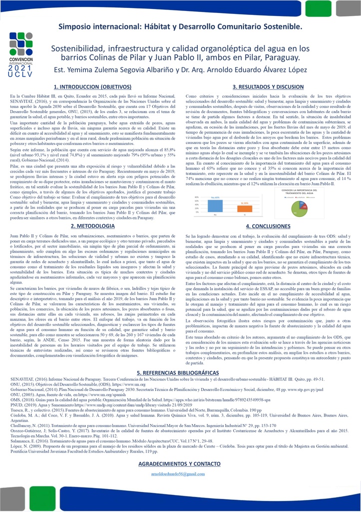 Sustainability, infrastructure and organoleptic water quality in the Colinas de Pilar and Juan Pablo II neighborhoods, both in Pilar, Paraguay.