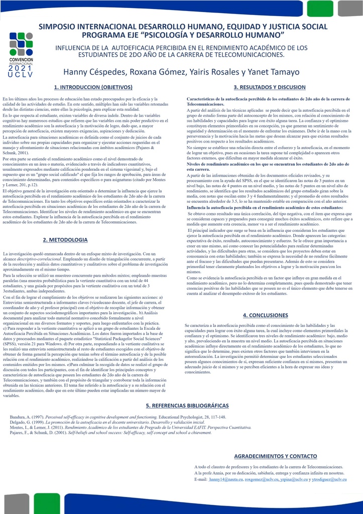 Influencia de la autoeficacia percibida en el rendimiento académico de los estudiantes de 2do año de la carrera de Telecomunicaciones.