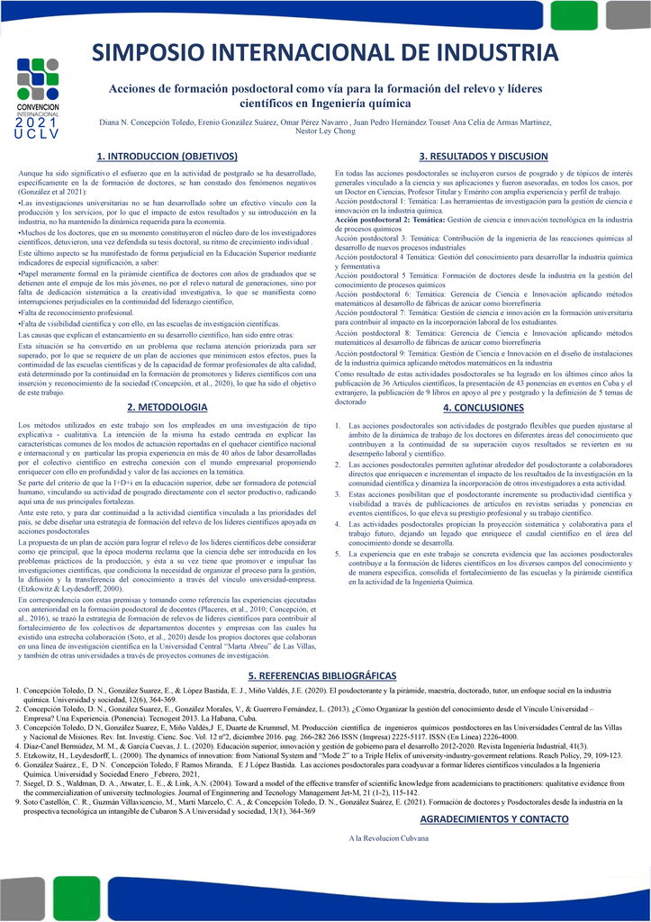 Acciones de formación posdoctoral como vía para la formación del relevo y líderes científicos en Ingeniería química