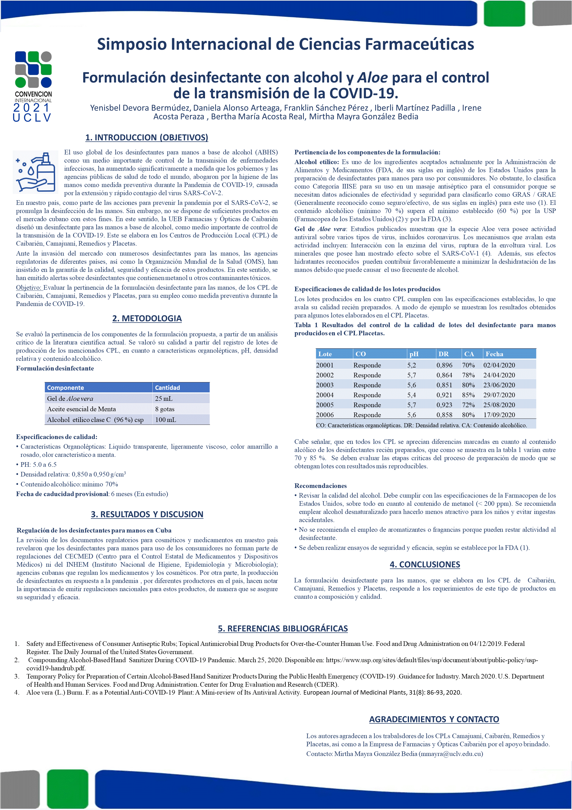 Formulación desinfectante con alcohol y Aloe para el control de la transmisión de la COVID-19