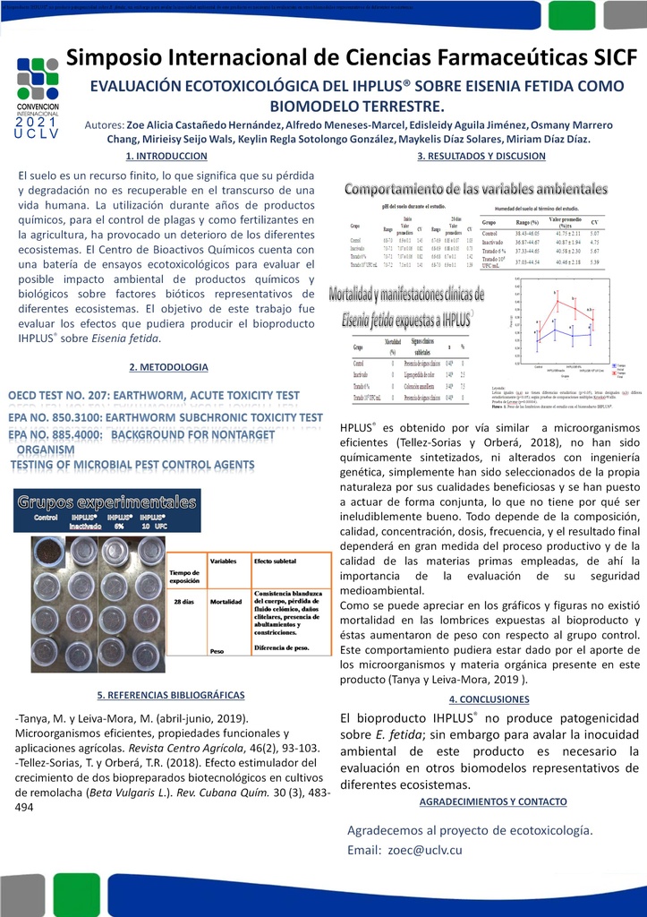 Ecotoxicological evaluation of the IHPLUS® on Eisenia fetida as a terrestrial biomodel