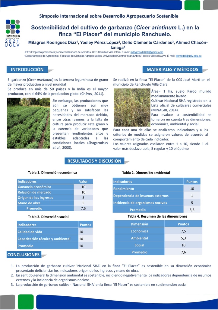 SOSTENIBILIDAD DEL CULTIVO DE GARBANZO (CICER ARIETINUM L.) EN LA FINCA “EL PLACERˮ DEL MUNICIPIO RANCHUELO