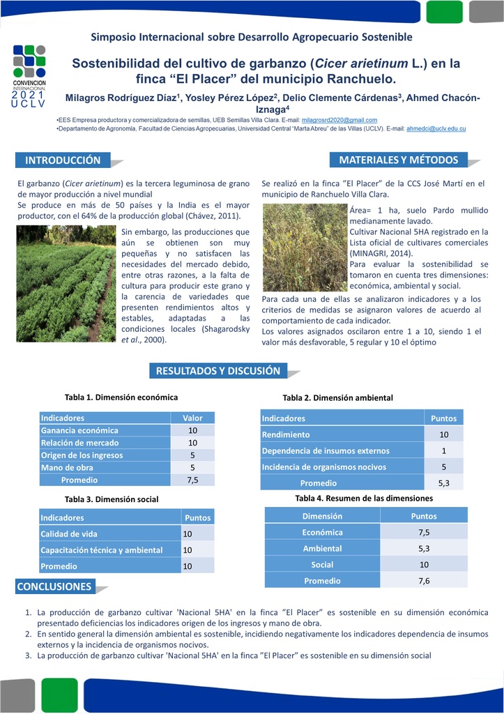 SUSTAINABILITY OF CHICKPEA CROP (CICER ARIETINUM L.) IN THE “EL PLACERˮ FARM FROM RANCHUELO MUNICIPALITY
