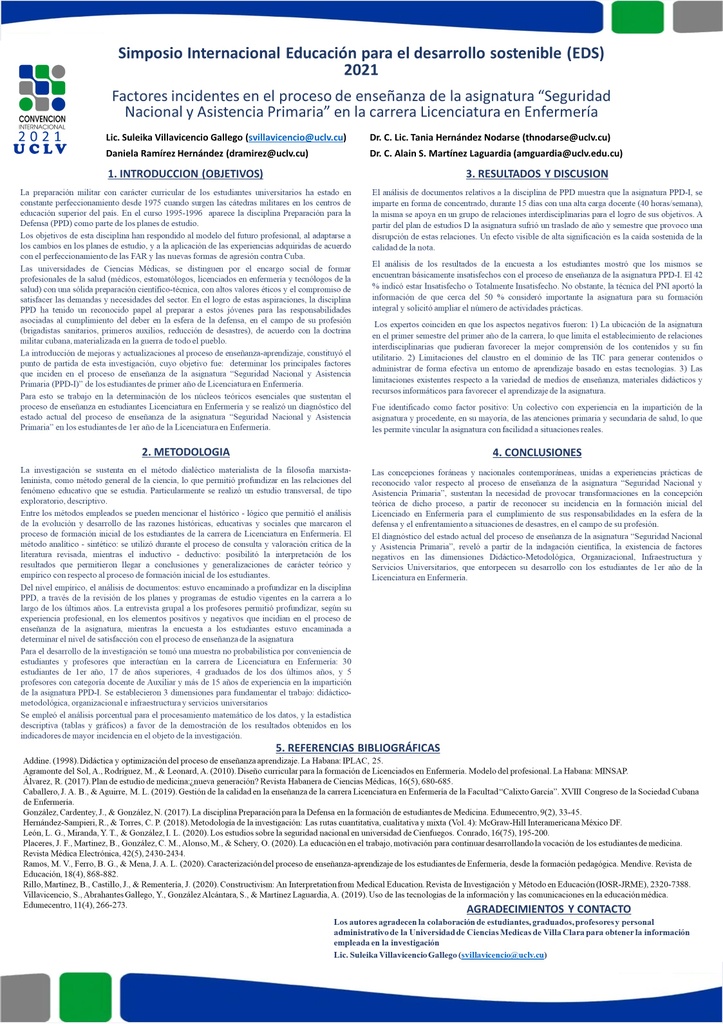 Incident factors in the teaching process of the subject 'National Security and Primary Assistance' in the Bachelor of Nursing career