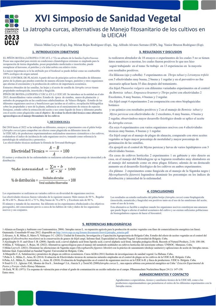 The Jatropha curcas, alternative phytosanitary management of crops in the UEICAH