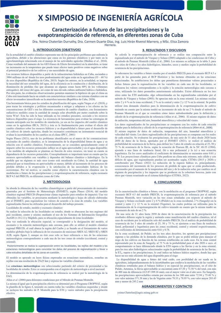 CARACTERIZACIÓN A FUTURO DE LAS PRECIPITACIONES Y LA EVAPOTRANSPIRACIÓN DE REFERENCIA, EN DIFERENTES ZONAS DE CUBA