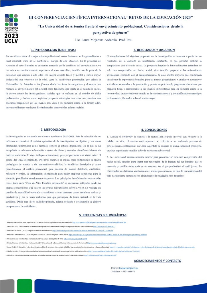 The University of Artemisa facing population aging. Considerations from the gender perspective