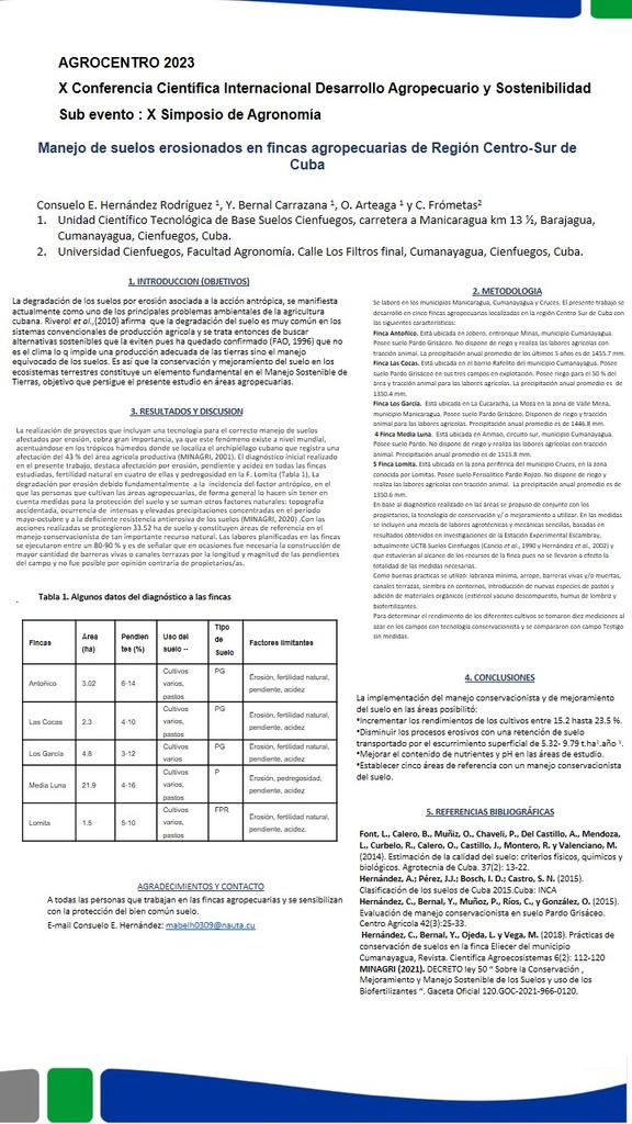Manejo de suelos erosionados en fincas agropecuarias de Región Centro-Sur de Cuba