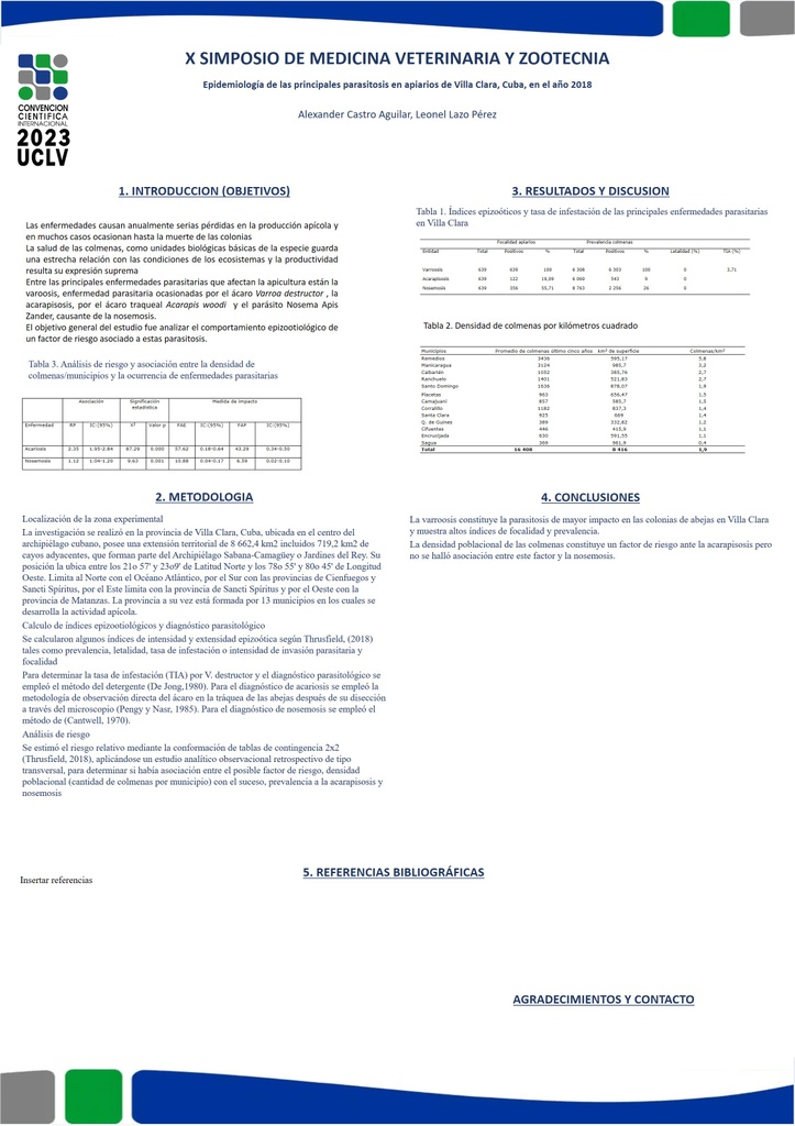Epidemiología de las principales parasitosis en apiarios de Villa Clara, Cuba, en el año 2018