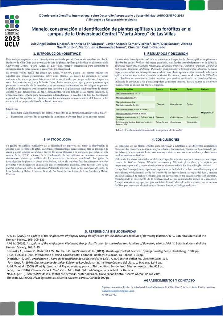 Manejo, conservación e Identificación de plantas epífitas y sus forófitos en el campus de la Universidad Central “Marta Abreu” de Las Villas