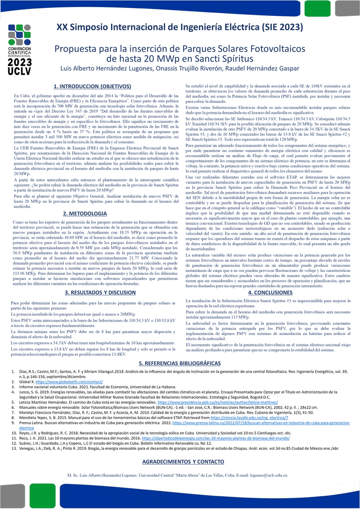 Proposal for the installation of photovoltaic solar parks up to 20 MWp in Sancti Spíritus province