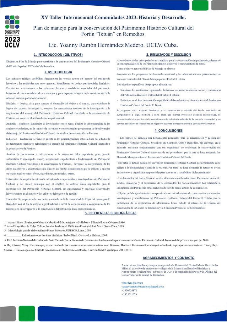 Management plan for the conservation of the historical-cultural heritage of the “El Tetuán” fort in Remedios