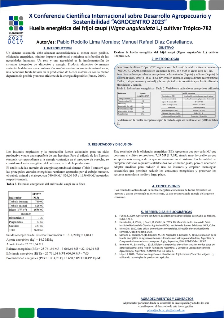 Huella energética del frijol caupí (Vigna unguiculata L.) cultivar Trópico-782