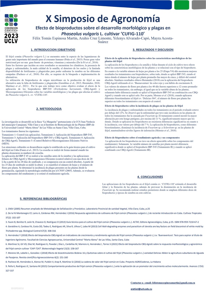 Efecto de bioproductos sobre el desarrollo morfológico y plagas en Phaseolus vulgaris L. cultivar ‘CUFIG-110’