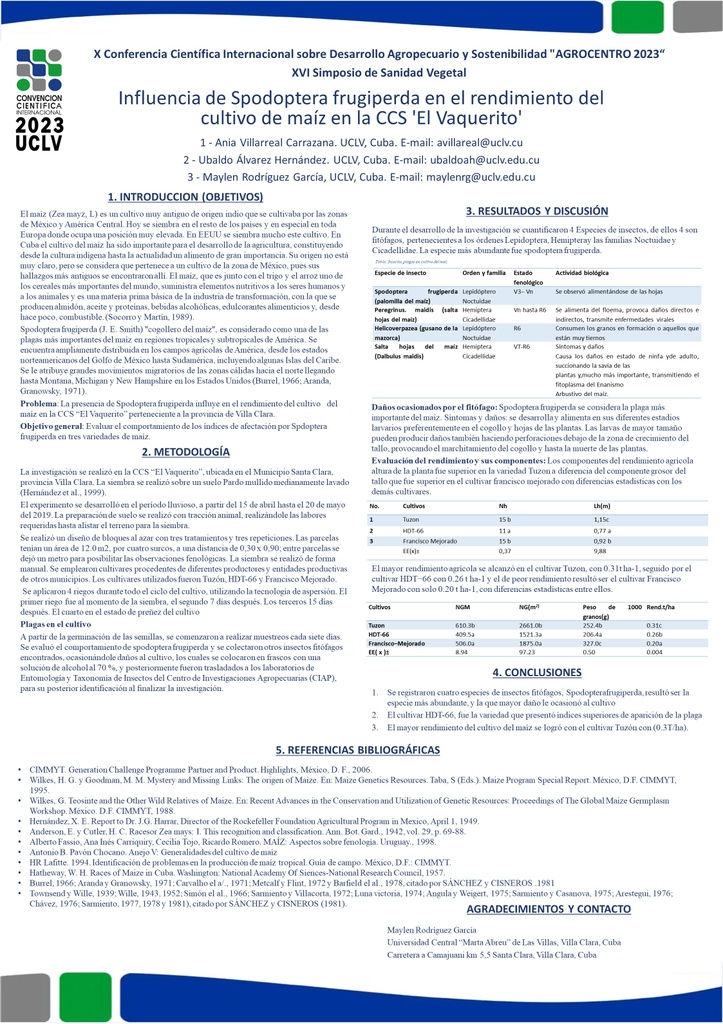 Influencia de Spodoptera frugiperda en el rendimiento del cultivo de maíz en la CCS 'El Vaquerito'