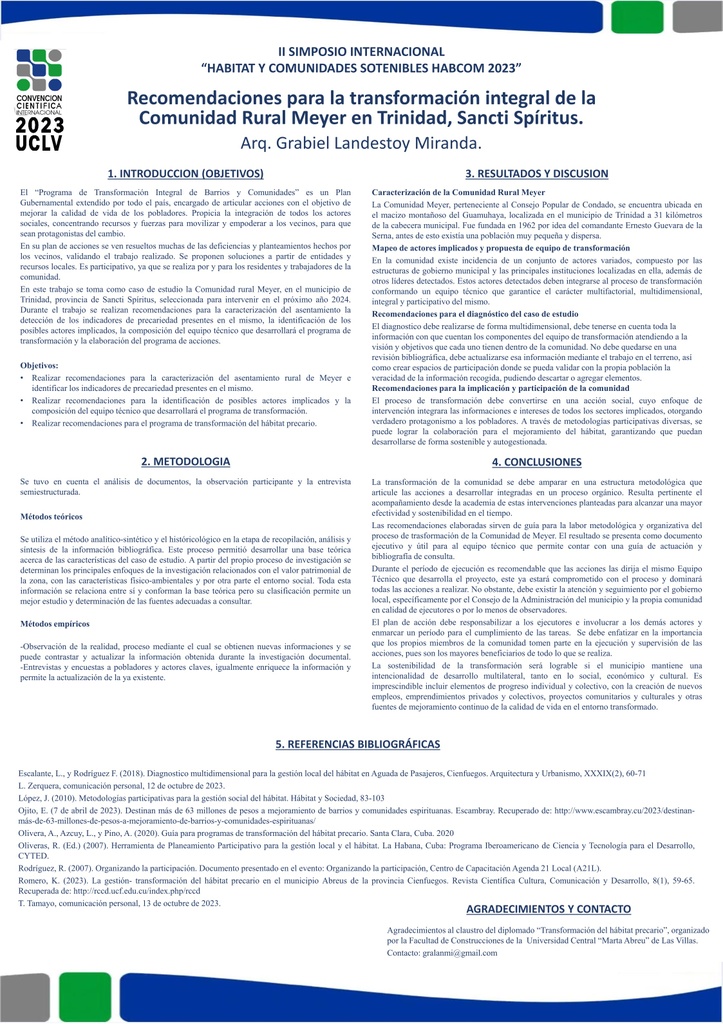 Recomendaciones para la transformación integral de la comunidad rural Meyer en Trinidad, Sancti Spíritus.