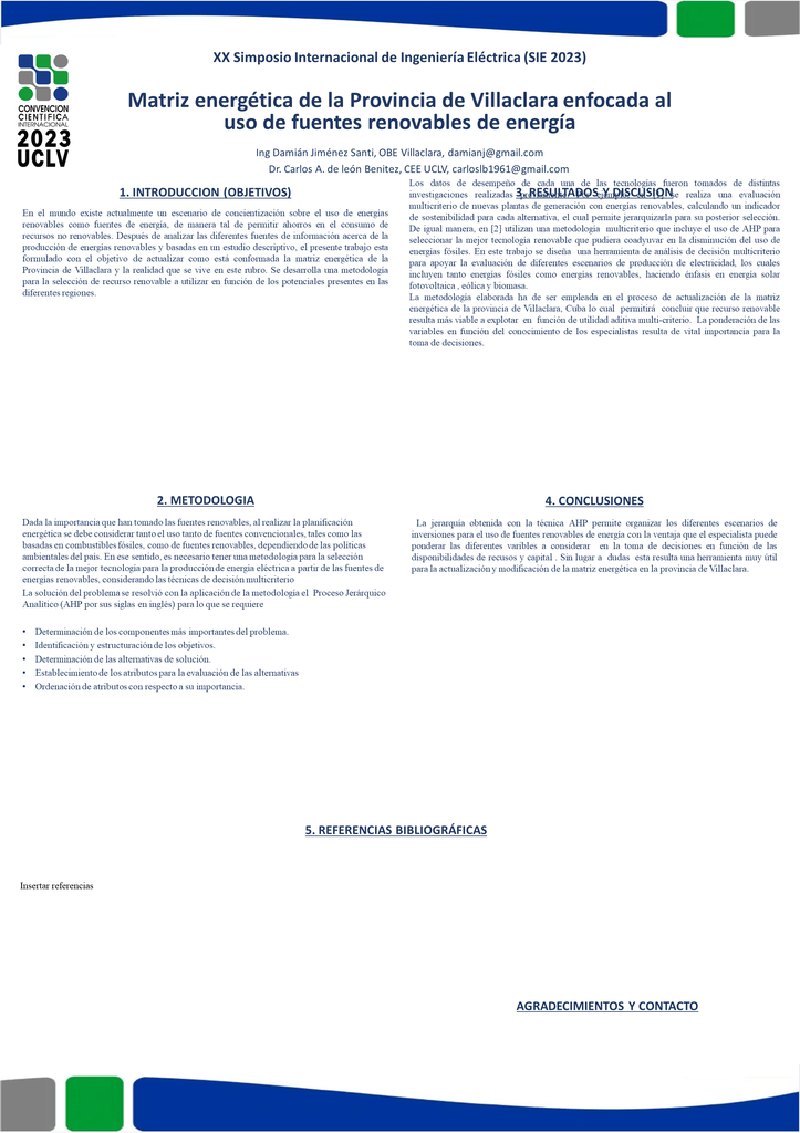 Energy matrix of the Province of Villaclara focused on the use of renewable energy sources