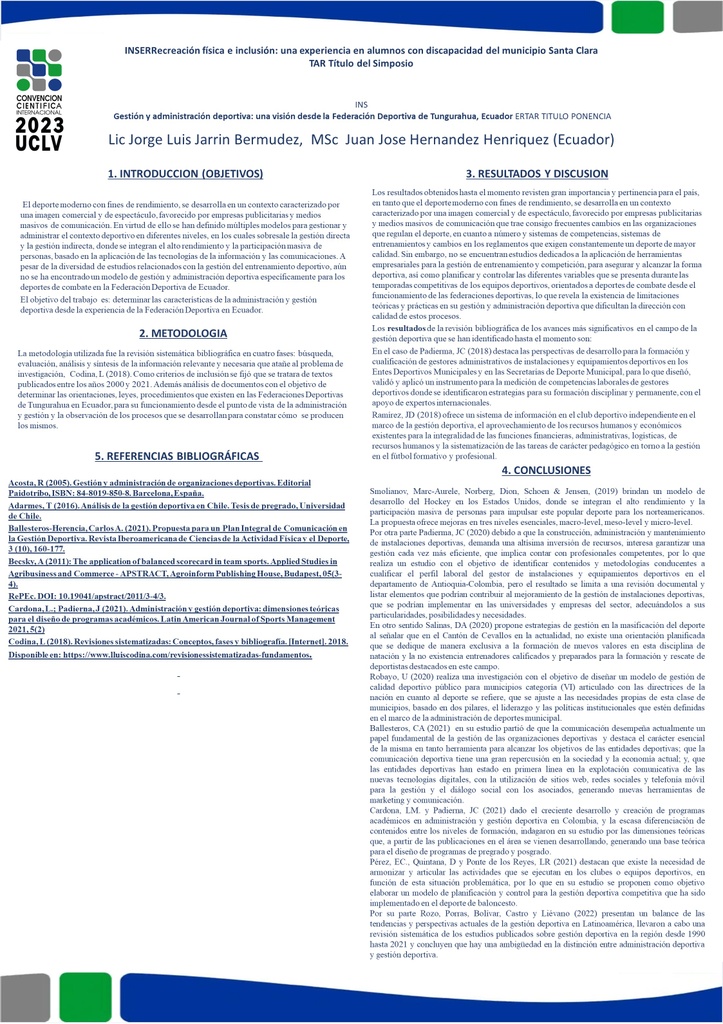 Sports Management and Administration: a view from the Sports Federation of Tungurahua, Ecuador